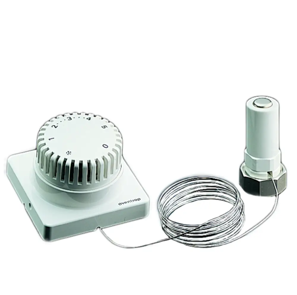 Oventrop Thermostat mit Drehregler für Temperaturregelung, verbunden durch ein Kabel mit einem Sensor. Das Gerät hat eine weiße Oberfläche und ist für die Wandmontage geeignet.